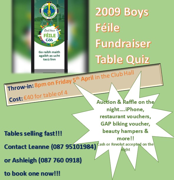 Save the Date - 2009 Boys Feile Fundraiser Table Quiz
