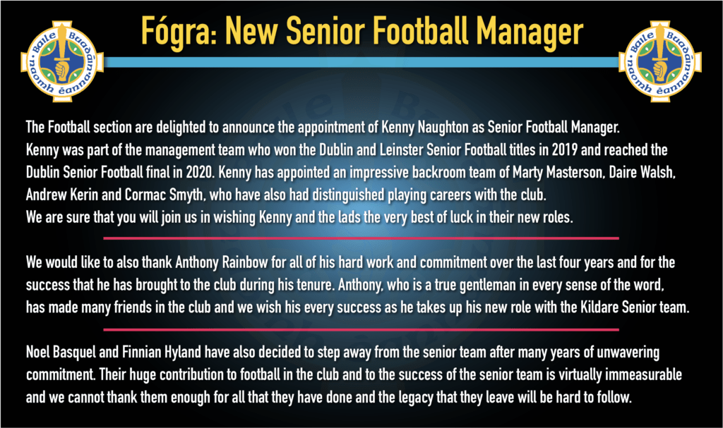 Fógra: New Senior Football Management Team