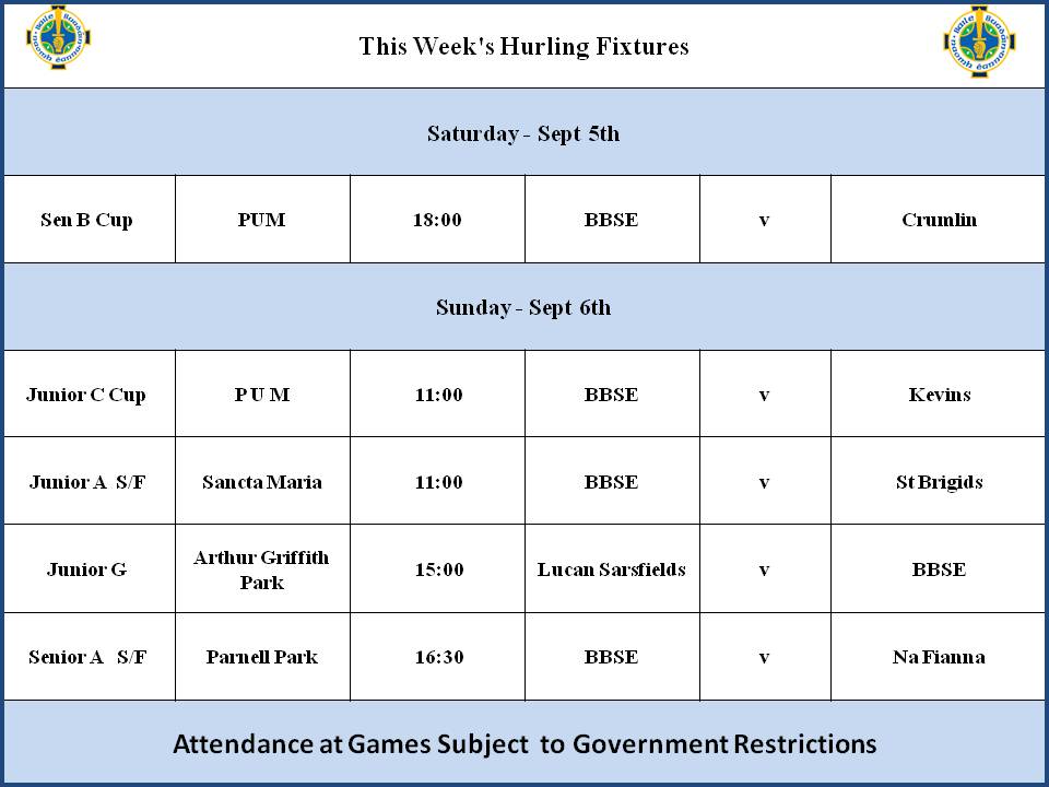 Weekend Hurling Fixtures