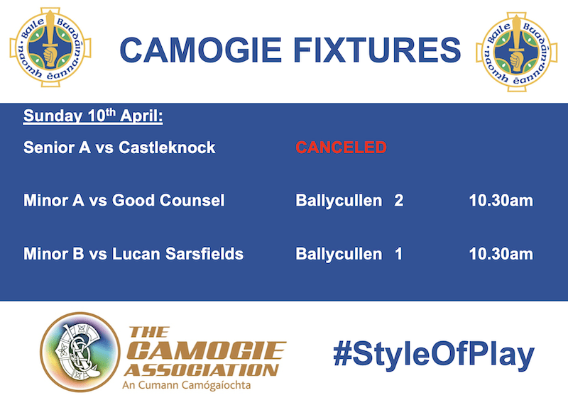 Camogie Fixtures Sunday 10th April