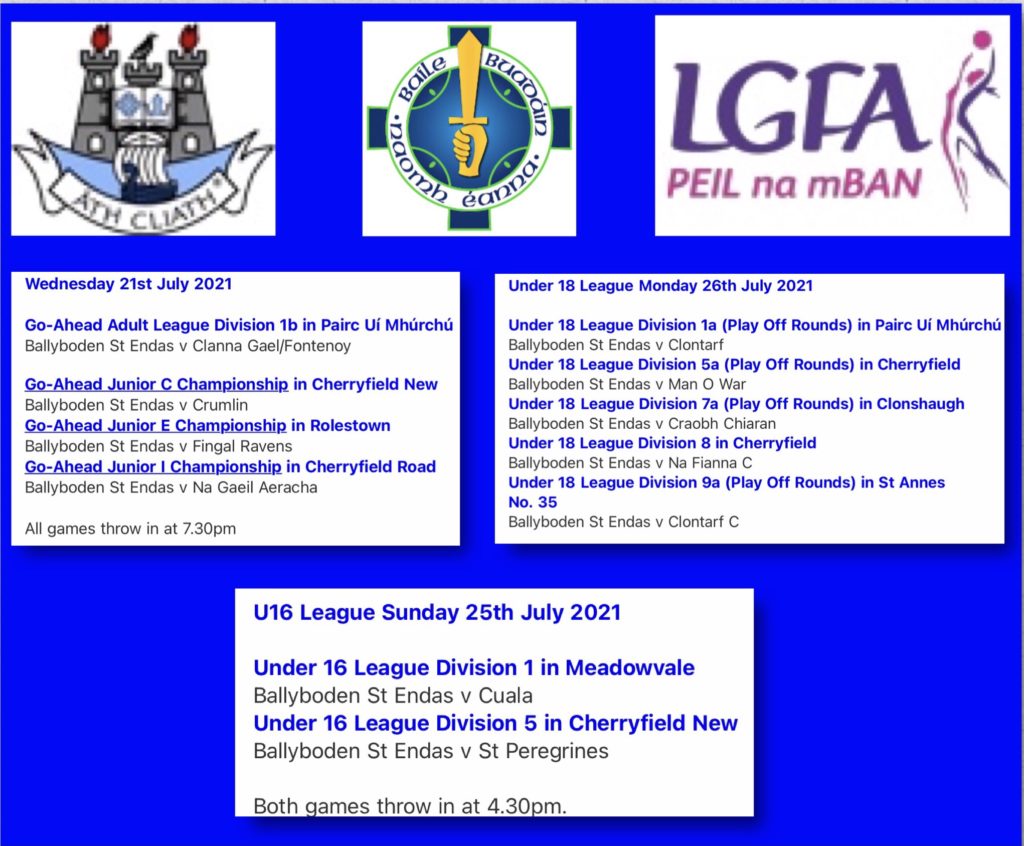 Ladies Football Fixtures and Round Up Tuesday 20th July 2021